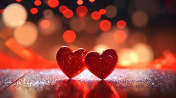 AI generated Saint Valentine day greeting card background with two red hearts against festive bokeh, neural network generated photorealistic image photo