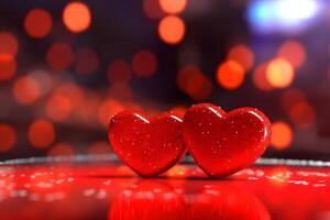 AI generated Saint Valentine day greeting card background with two red hearts against festive bokeh, neural network generated photorealistic image photo