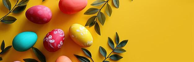 ai generado vistoso Pascua de Resurrección huevos y vistoso tulipanes en Pascua de Resurrección nido en amarillo foto
