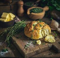 AI generated free bread, butter and herbs mockup photo