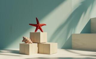 AI generated four wooden blocks and a red starfish on white background photo