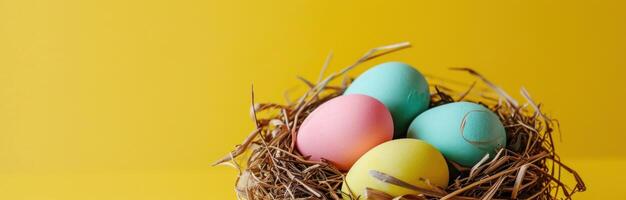 AI generated colorful easter eggs and colorful tulips in easter nest on yellow photo