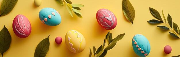 AI generated colorful easter eggs and colorful tulips in easter nest on yellow photo