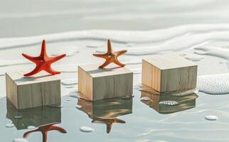 AI generated four wooden blocks and a red starfish on white background photo