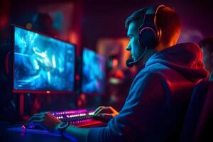 AI generated young caucasian gamer with headset playing video games with computer and multiple screens lit with saturated neon lights, neural network generated photorealistic image photo