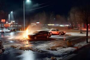 ai generado un coche es en fuego en un estacionamiento lote a Nevado invierno noche, neural red generado imagen foto