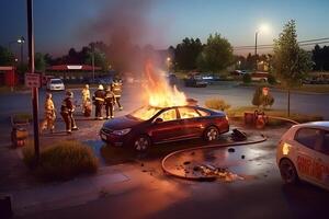 ai generado un coche es en fuego en un estacionamiento lote a verano noche, neural red generado imagen foto