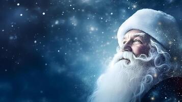 AI generated Santa Claus face closeup with defocused blue glitter bokeh copy space background , neural network generated image photo