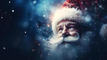 AI generated Santa Claus face closeup with defocused glitter bokeh copy space background , neural network generated image photo