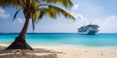 AI generated Large cruise liner in the background with a palm tree on white sand coral beach, neural network generated photorealistic image photo