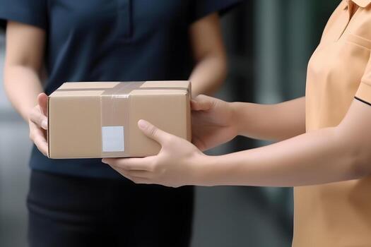 AI generated caucasian hands accepting a delivery of boxes, neural network generated photorealistic image photo