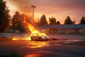 ai generado un coche es en fuego en vacío estacionamiento lote a verano noche, neural red generado imagen foto