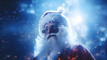 AI generated Santa Claus face closeup with defocused glitter bokeh background , neural network generated image photo