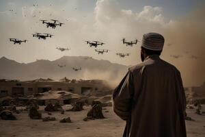 AI generated drone war - many military copter drones above middle-eastern city battlefield at daytime, neural network generated image photo