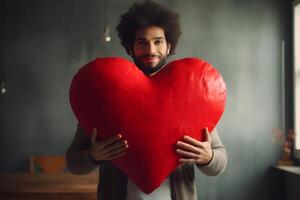 AI generated mixed race man in holding big red heart on dark grey background, neural network generated photorealistic image photo