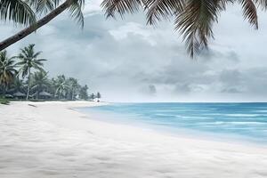 AI generated tropical beach view with white sand, turquoise water and palm tree at stormy day, neural network generated photorealistic image photo