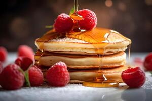 AI generated gorgeous delicious pancakes with honey and raspberries under daylight in nordic style, neural network generated photorealistic image photo