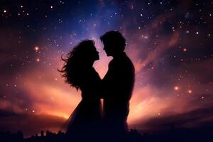 ai generado soñador silueta de Pareja compartiendo un Beso debajo estrellado noche cielo, neural red generado imagen foto