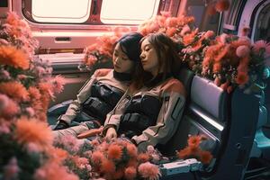 AI generated two attractive blonde caucasian young adult women inside spacecraft cabin surrounded with flowers, neural network generated photorealistic image photo