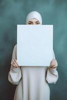 AI generated woman holding a blank sheet of paper on blue background, neural network generated photorealistic image photo