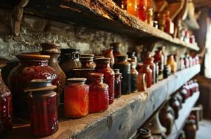 AI generated various jars of different types of jam are on the shelf photo