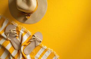 AI generated hat, , sandals, towel and umbrella, yellow background photo