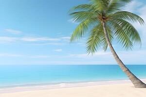 AI generated tropical beach view at sunny day with white sand, turquoise water and palm tree, neural network generated image photo