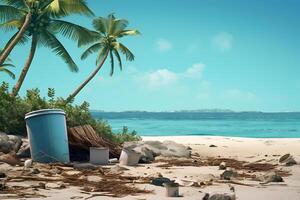 AI generated trash on tropical beach view at sunny day with white sand, turquoise water and palm tree, neural network generated photorealistic image photo