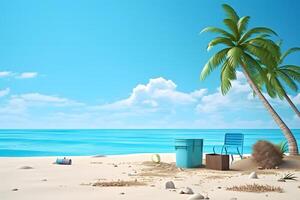 AI generated trash on tropical beach view at sunny day with white sand, turquoise water and palm tree, neural network generated photorealistic image photo