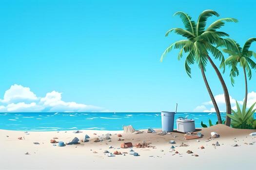 AI generated trash on tropical beach view at sunny day with white sand, turquoise water and palm tree, neural network generated photorealistic image photo