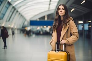 ai generado judío mujer con amarillo maleta a aeropuerto sala, neural red generado fotorrealista imagen foto