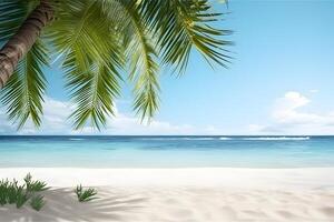 AI generated tropical beach view at sunny day with white sand, turquoise water and palm tree, neural network generated image photo