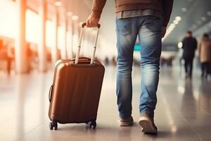 AI generated unrecognizable traveler with suitcase on wheels at airport hall, low angle view, neural network generated photorealistic image photo