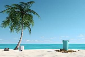 AI generated trash on tropical beach view at sunny day with white sand, turquoise water and palm tree, neural network generated photorealistic image photo