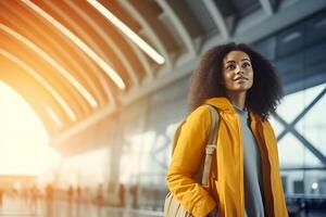 ai generado africano americano hembra viajero en amarillo calentar chaqueta y rojo sombrero a aeropuerto sala, neural red generado fotorrealista imagen foto