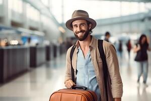 ai generado joven adulto caucásico masculino viajero a aeropuerto o tren estación salón con maleta, neural red generado fotorrealista imagen foto