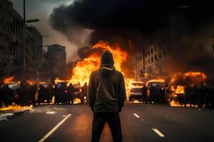 AI generated street riot in city with protestors and burning cars, neural network generated photorealistic image photo