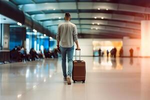 ai generado irreconocible masculino viajero con maleta en ruedas caminando a aeropuerto sala, bajo ángulo vista, neural red generado fotorrealista imagen foto