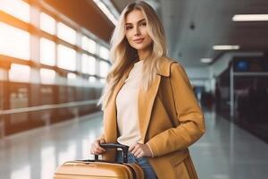 ai generado caucásico mujer con maleta a aeropuerto sala, neural red generado fotorrealista imagen foto