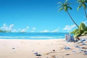 AI generated trash on tropical beach view at sunny day with white sand, turquoise water and palm tree, neural network generated photorealistic image photo