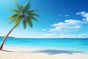 AI generated tropical beach view at sunny day with white sand, turquoise water and palm tree, neural network generated image photo