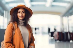 ai generado sonriente africano americano viajero mujer en naranja chaqueta y naranja sombrero a aeropuerto salón con maleta, neural red generado fotorrealista imagen foto