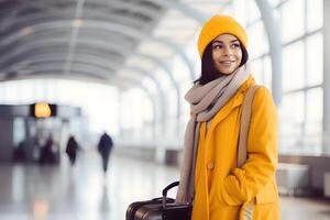 ai generado viajero mujer en amarillo chaqueta y amarillo sombrero a aeropuerto o tren estación sala, neural red generado fotorrealista imagen foto