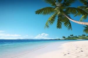 ai generado tropical playa ver a soleado día con blanco arena, turquesa agua y palma árbol, neural red generado imagen foto