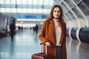 ai generado de viaje mujer con marrón chaqueta y marrón maleta a aeropuerto sala, neural red generado fotorrealista imagen foto