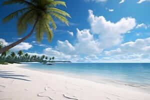 AI generated tropical beach view at sunny day with white sand, turquoise water and palm tree, neural network generated image photo