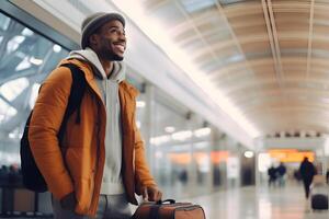 AI generated smiling African American traveler in orange jacket and yellow hat at airport hall with suitcase, neural network generated photorealistic image photo