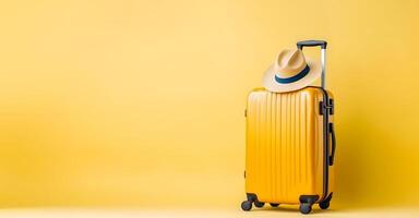 AI generated yellow suitcase with yellow hat on yellow background, neural network generated photorealistic image photo