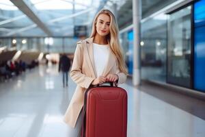 ai generado caucásico mujer con maleta a aeropuerto sala, neural red generado fotorrealista imagen foto