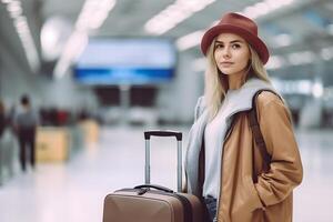 ai generado caucásico mujer con maleta a aeropuerto sala, neural red generado fotorrealista imagen foto